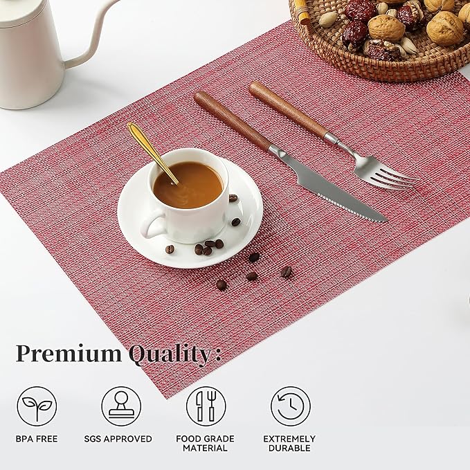 Christmas Red Placemats Set of 8 - Heat Resistant Non-Slip Place mats for Dining Table, Washable Durable PVC Vinyl Woven Table Mats（Red, 8）