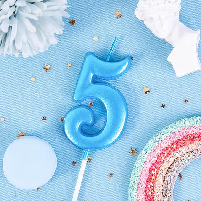 PHD CAKE 2.76 Inch Elegant Blue 5 Number Birthday Candles, Blue Number Candles, Cake Number Candles, Party Celebration