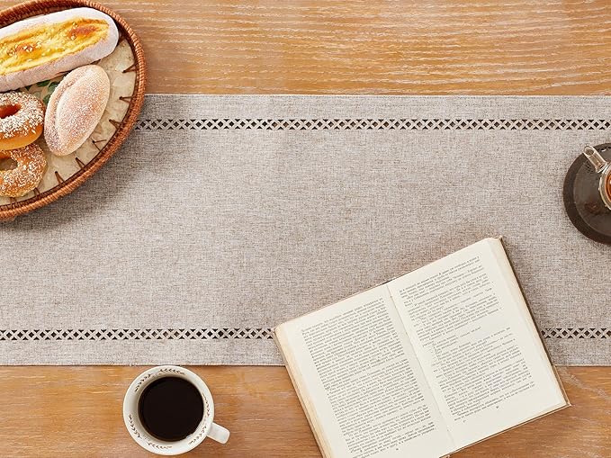 Burlap Style Farmhouse Table Runner, 13 x 72 Inch Coffee, Rustic Geometric Hollow Table Runners 72 Inches Long for Dresser Table Everyday Use, 13x72 Inches, Coffee
