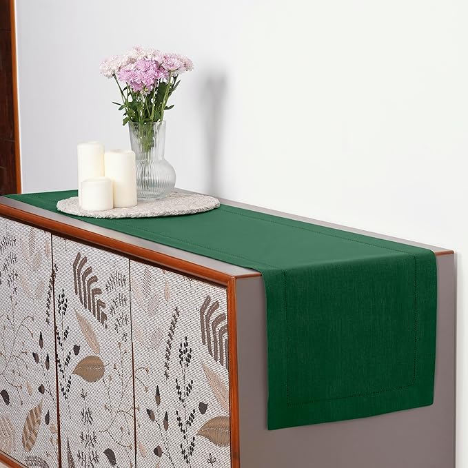 D'Moksha Homes Linen Forest Green Table Runner 120 Inches Long - 100% Pure Linen Hemstitch 14 x 120 Inch Table Runner for Dining, Winter, Christmas, Holiday, New Year - Classic Hemstitch