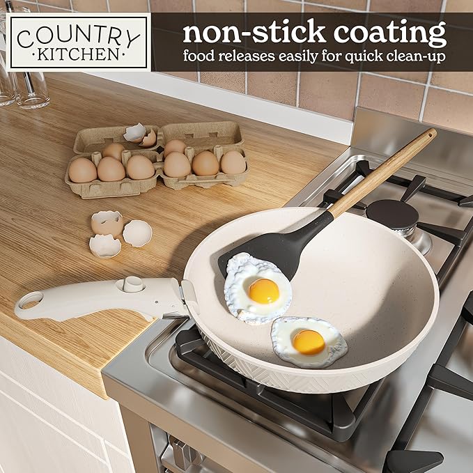 Country Kitchen Cookware Set with Removable Handle, Oven & RV Safe Pots and Pans Set, Cream Rhombus, Original