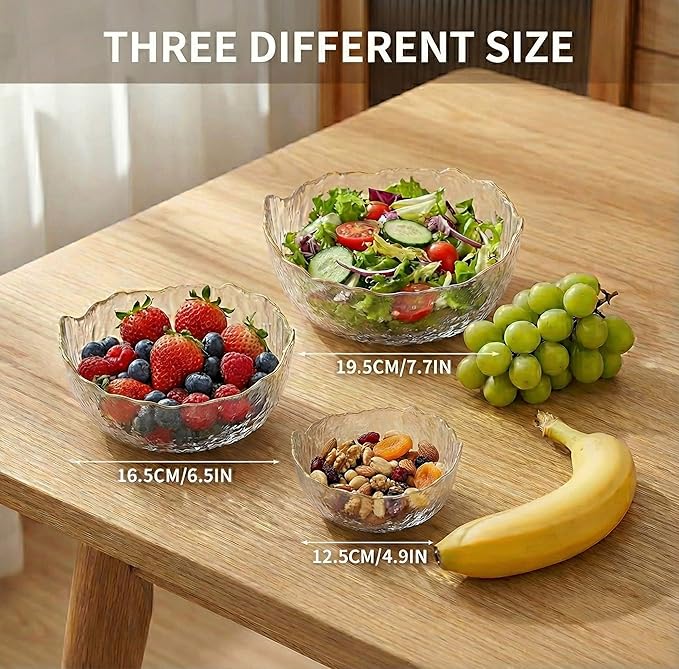 Glass Serving Bowls Set of 3 with Gold Rim - Decorative Crystal Fruit Bowl & Dessert Cups - Lotus Shape Nesting Glassware for Snacks, Dips, Side Salad, Popcorn - Elegant Centerpiece for Table