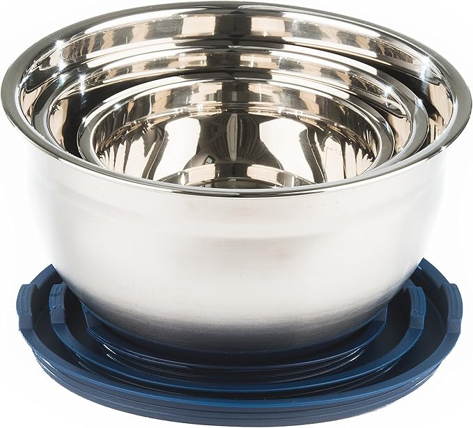Stainless Steel Mixing Bowls with Lids and Non Slip Bases (Set of 3, Blue)