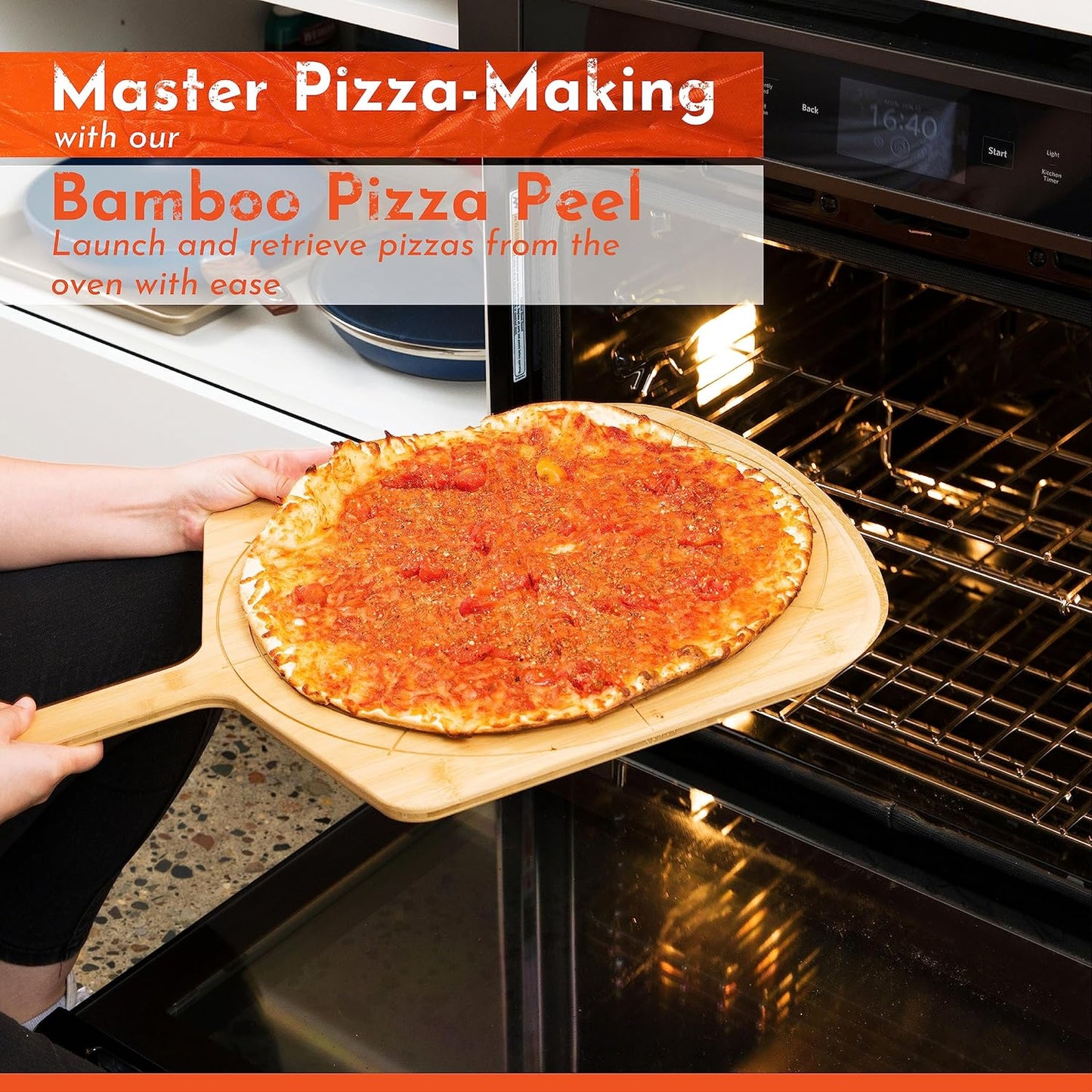 Loftern Wooden Pizza Peel 16 Inch Board with Engraved Sizes - Multi-Purpose Bamboo Pizza Cutting Board, Wood Pizza Peel, Pizza Spatula Paddle, and Serving Board with Size and Cutting Guide