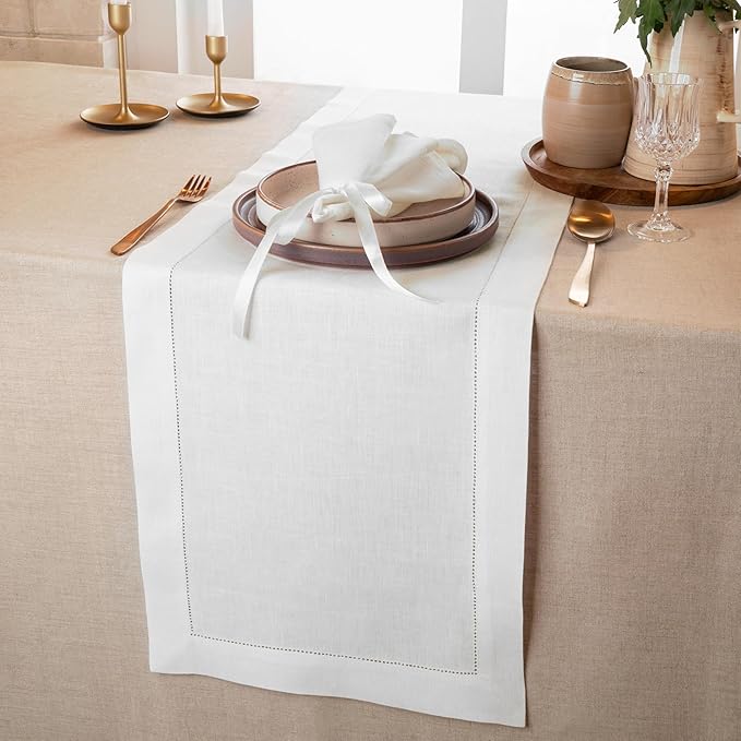 D'Moksha Homes Linen White Table Runner 144 Inches Long - 100% Pure Linen Extra Long Table Runner 14 x 144 Inch for Winter, Christmas, Holiday, New Year - Classic Hemstitch
