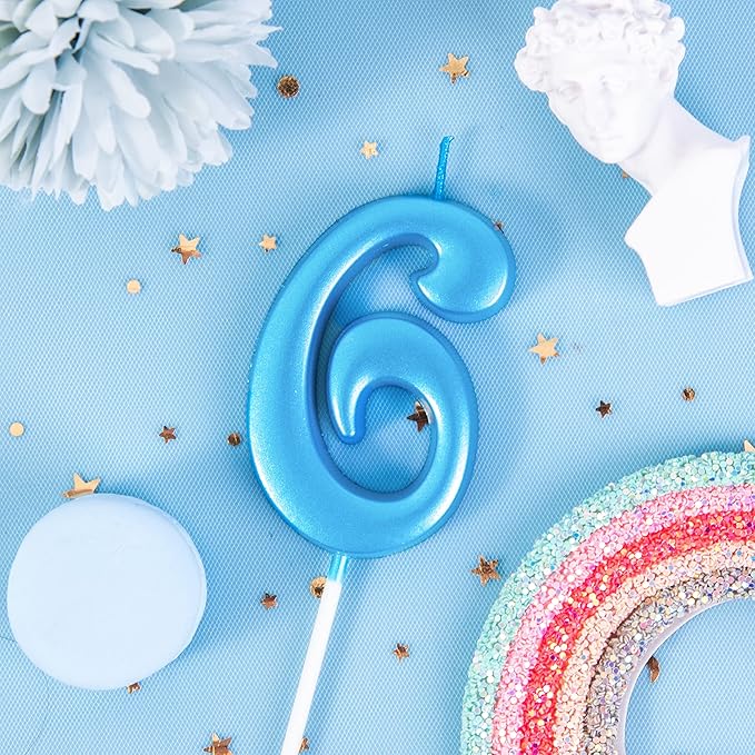 PHD CAKE 2.76 Inch Elegant Blue 6 Number Birthday Candles, Blue Number Candles, Cake Number Candles, Party Celebration