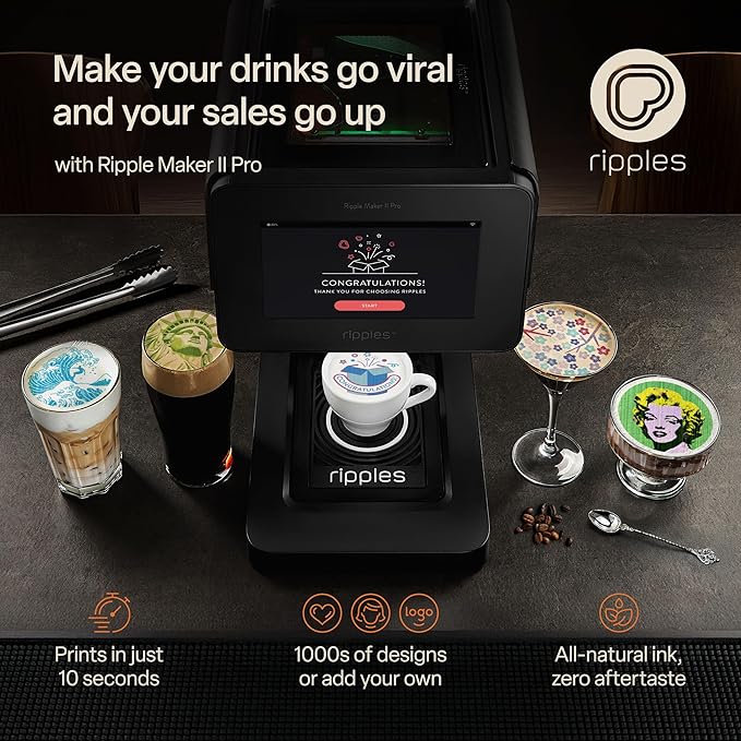 Ripples - The Original Maker PRO - Beverage-Top Printer for Foam Drinks & Desserts | Dual Pod Holders for Multi-Color Prints | Selfie & Personalized Designs | Easy Setup & Social Media Boost