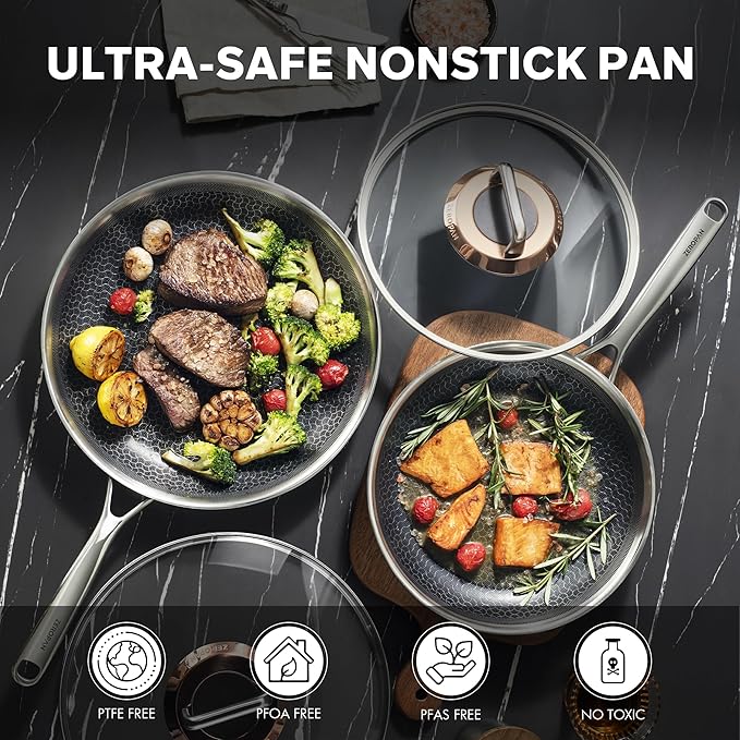 Hybrid Nonstick 12-Inch Frying Pan with Lid,Non stick Frying Pan,PFAS PFOA PTFE Free,Stay-Cool Handle, Dishwasher-Friendly, Oven-Safe Up to 600°F, Induction Ready, Compatible with All Cooktops