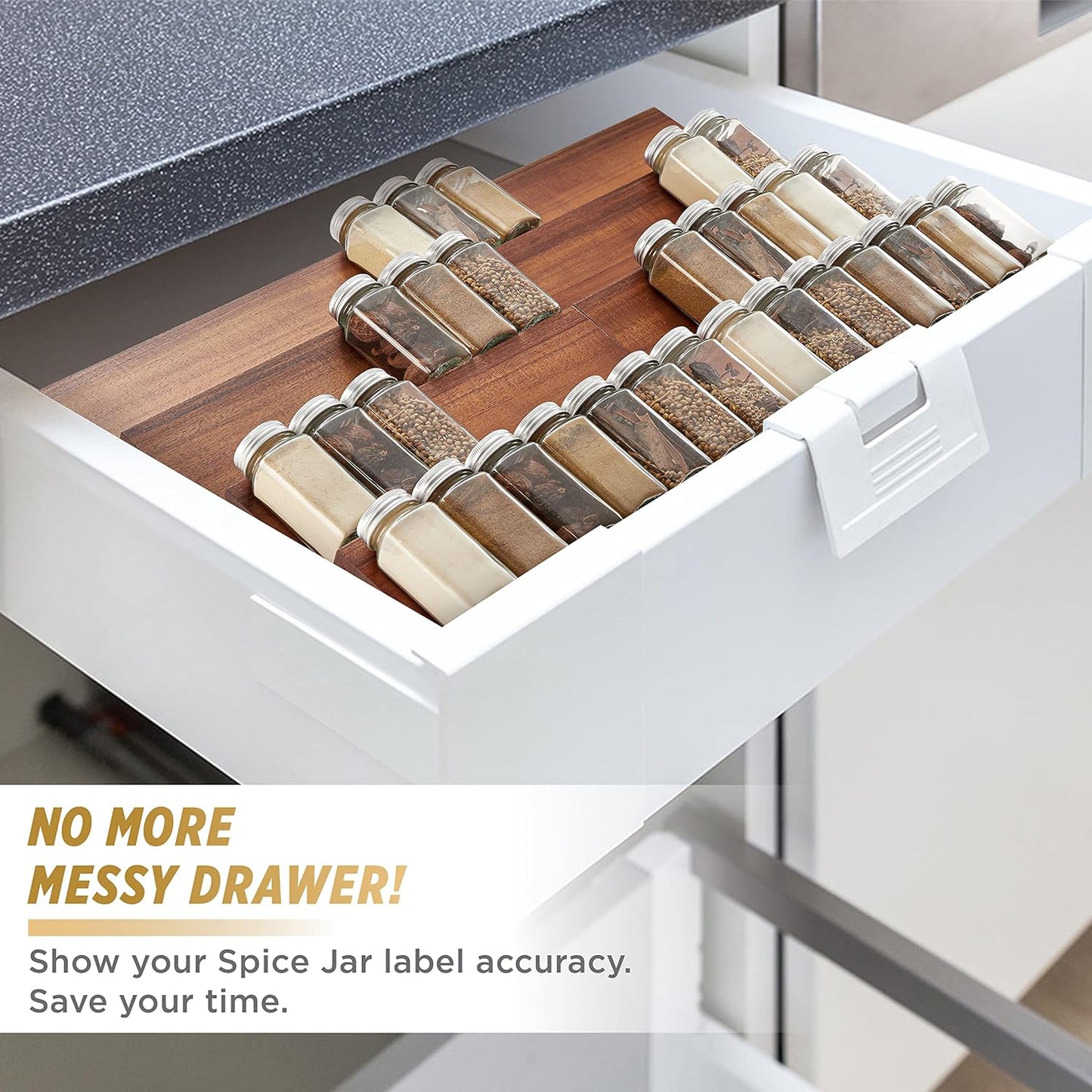 Tinamo Acacia Wooden Spice Rack Organizer for Cabinet - Spice Drawer Insert, Spice Organization for Cabinet, Seasoning Organizer, 4-Tier Spice Jar Rack for Drawer, Spice Holder Pack of 8 (64 Jars)