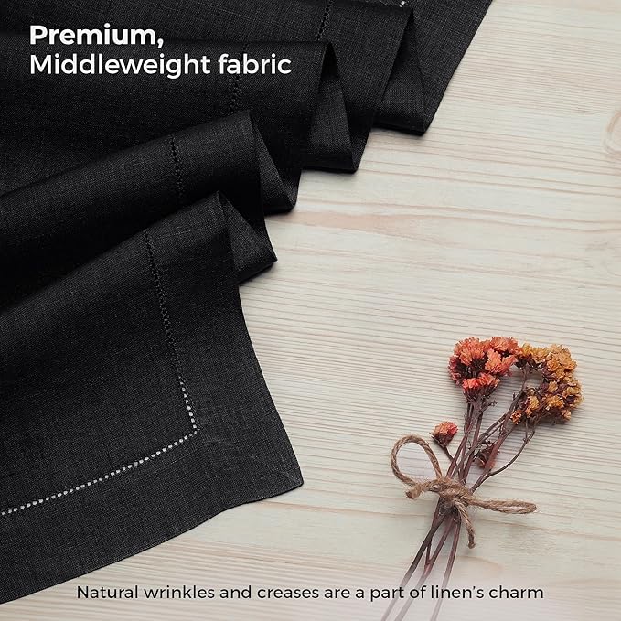 D'Moksha Homes Linen Black Table Runner 48 Inches - Classic Hemstitch, 100% Pure Linen Coffee Table Runner 14 x 48 Inch Ideal for Dresser Tables - Winter, Christmas, Holiday, New Year