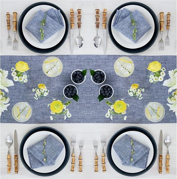 Solino Home Linen Table Runner 72 Inches Long - Athena, 100% Pure Linen Chambray Indigo Table Runner 14 x 72 Inch for Dining, Christmas, Holiday, Winter, New Year