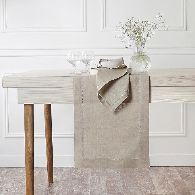 D'Moksha Homes Linen Natural Table Runner 108 Inches Long - 100% Pure Linen 14 x 108 Inch Table Runner for Winter, Christmas, Holiday, New Year - Classic Hemstitch