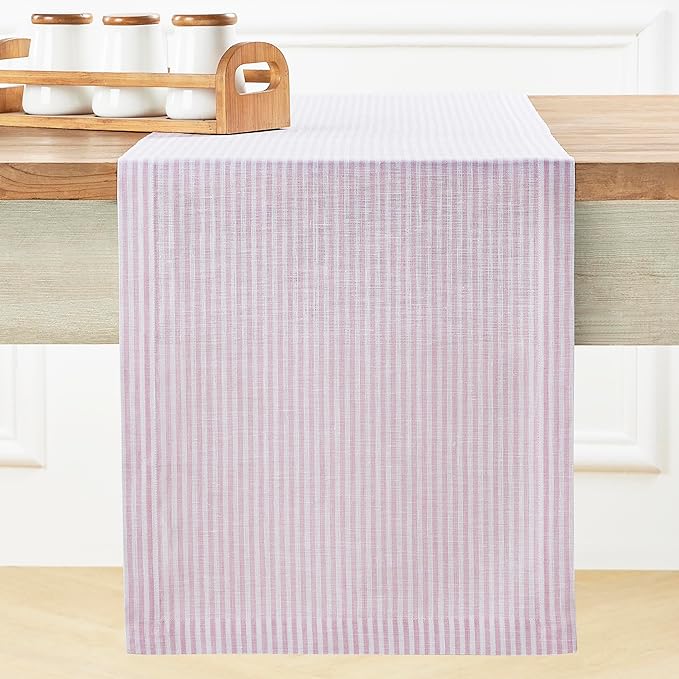 Solino Home Linen Table Runner 60 Inches - Narrow Stripe 100% Pure Linen Pink and White Farmhouse Table Runner 14 x 60 Inch Ideal for Dresser and Coffee Tables, Christmas