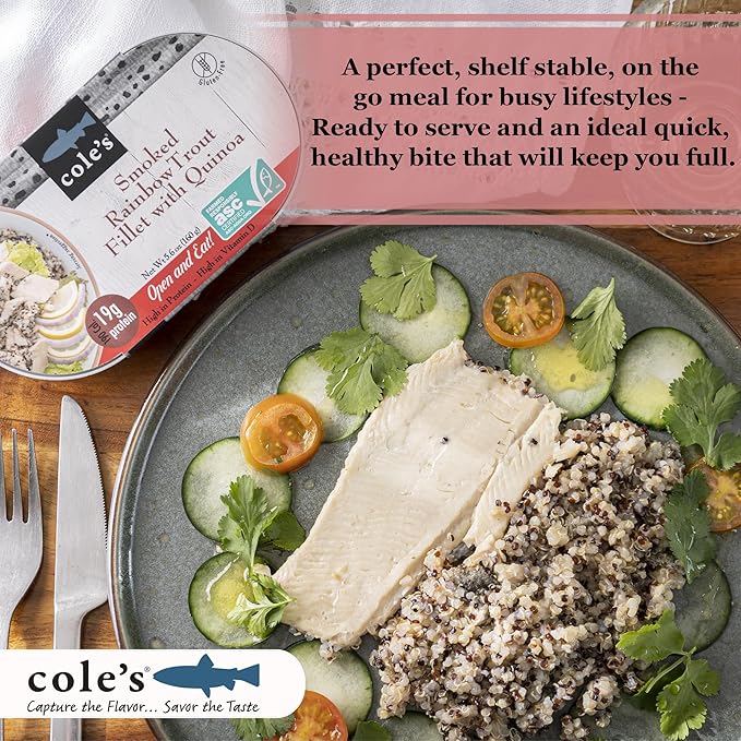 COLE’S - Smoked Rainbow Trout Fillet with Quinoa | Open & Ready to Eat Meal | 5.6 oz Canned & Hand-Packed | 19g Protein | High in Vitamin D | 12 pack