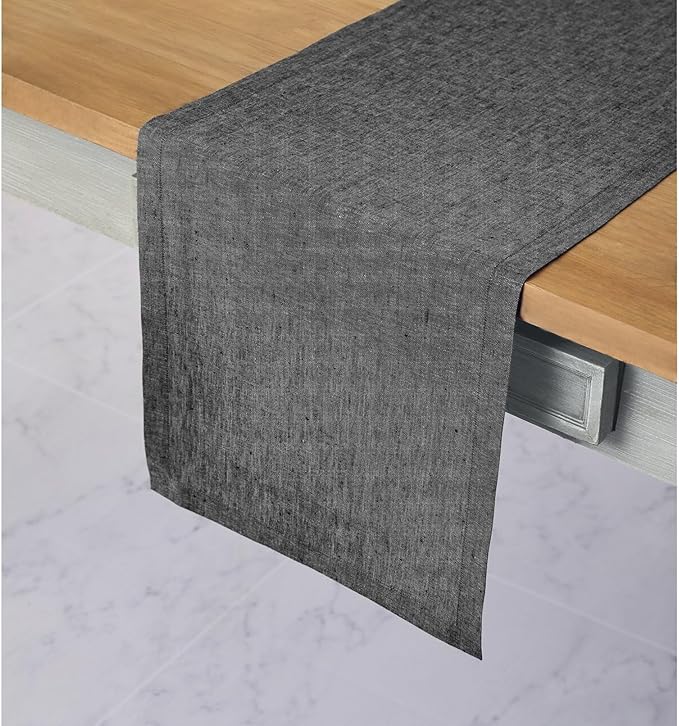 Solino Home Linen Table Runner 90 Inches Long - Athena, 100% Pure Linen Charcoal Grey Table Runner 14 x 90 Inch for Dining, Winter