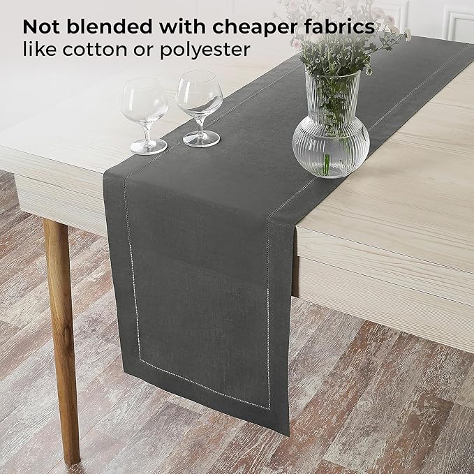 D'Moksha Homes Linen Charcoal Grey Table Runner 108 Inches Long - 100% Pure Linen 14 x 108 Inch Table Runner for Winter, Christmas, Holiday, New Year - Classic Hemstitch