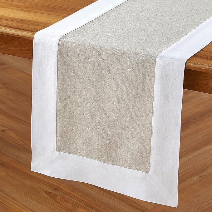 Solino Home Linen Table Runner 108 Inches Long - White and Natural 100% Pure Linen 14 x 108 Inch Table Runner for Dining, New Year, Holiday, Winter - Contempo
