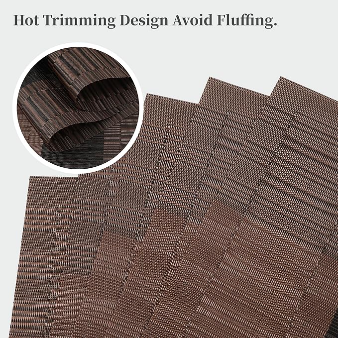 Leetaltree Brown with Black Striped Placemats Set of 12 - Heat Resistant Non-Slip Place mats for Dining Table, Washable Durable PVC Vinyl Woven Table Mats（Brown Stripe, 12）