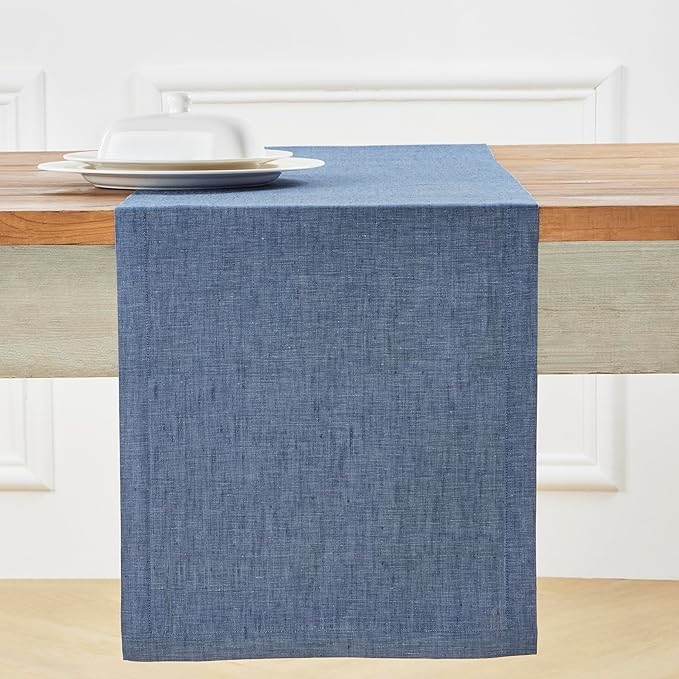 Solino Home Linen Table Runner 132 Inches Long - Athena, 100% Pure Linen Blue Denim Dining Table Runner 14 x 132 Inch for Christmas, New Year