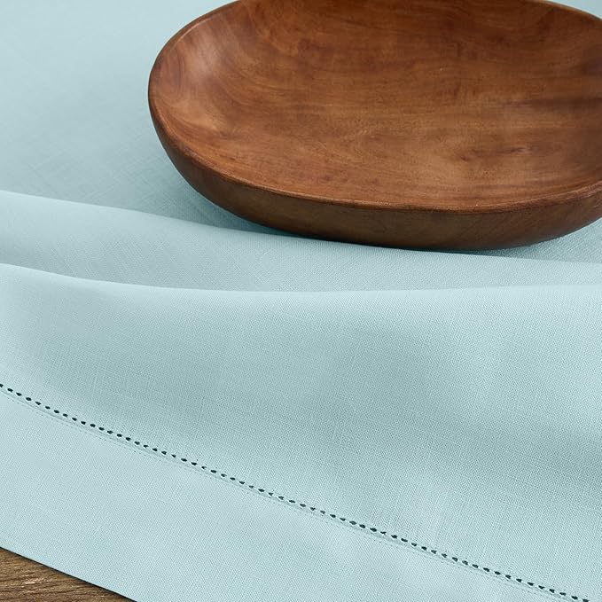 Solino Home Linen Aqua Blue Table Runner 90 Inches Long - 100% Pure Linen Hemstitch 14 x 90 Inch Table Runner for Dining, New Year - Classic Hemstitch