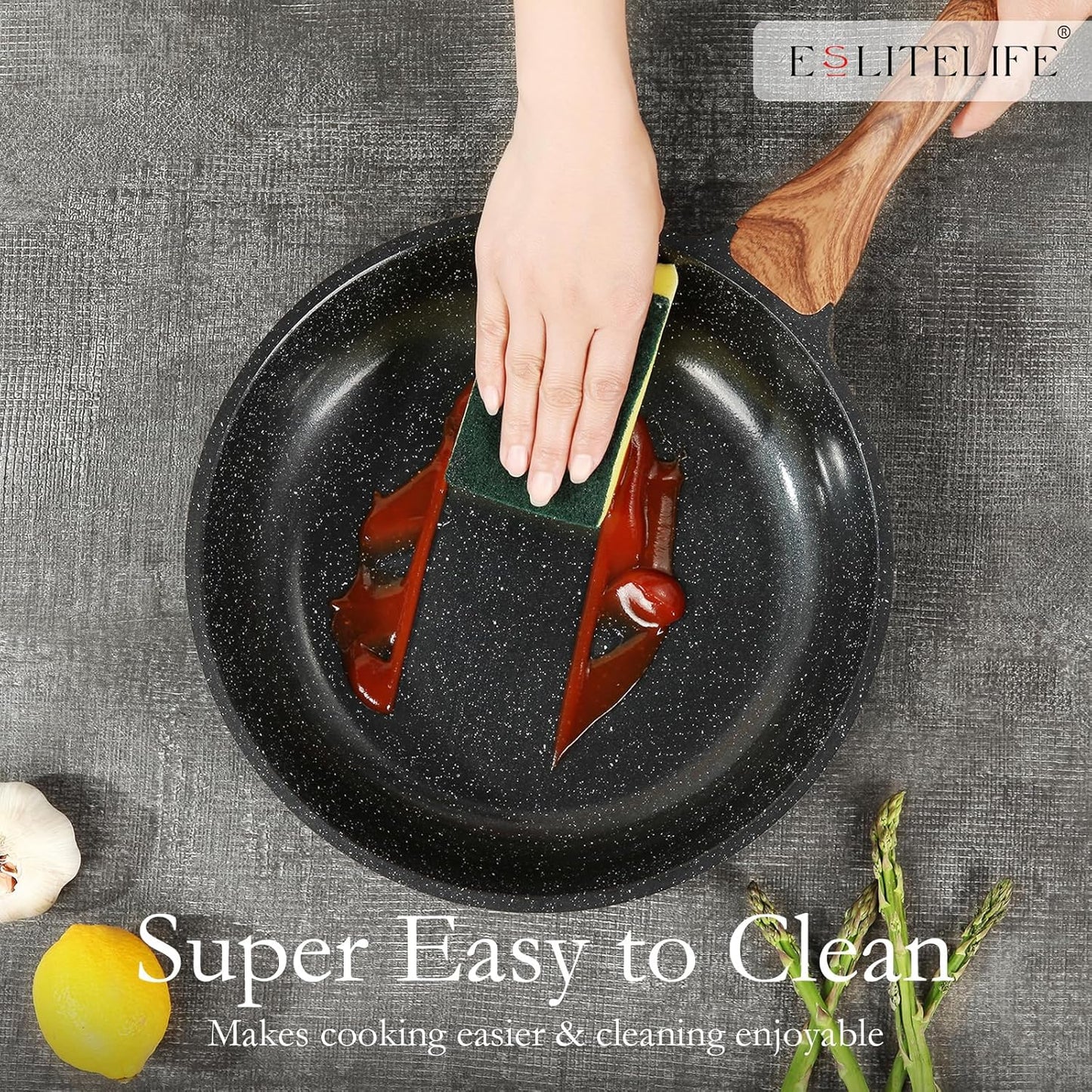 ESLITE LIFE Nonstick Ceramic Frying Pans Skillets Set with Lids, Non-Toxic Egg Omelette Kitchen Cooking Pans Compatible with All Stovetops (Gas, Electric & Induction), PTFE & PFOA Free (Black)