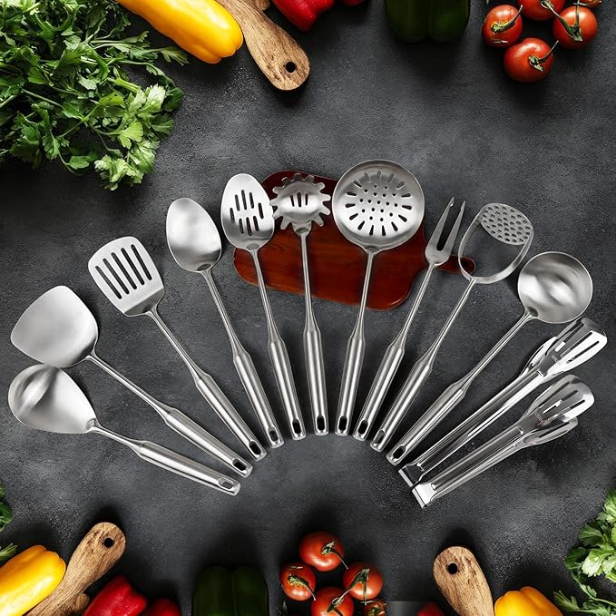 18/10 Stainless Steel Cooking Utensils Set,12pcs Metal Kitchen Utensils Set Dishwasher Safe, Heat Resistant Wok Tools Set for Cooking Enthusiasts