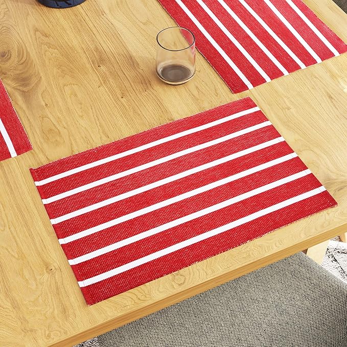 Encasa XO Dining Placemat Set of 6 | Solid Roma Red Stripes Color | Fine Ribbed Cotton Table mat | Size 19x13 in |for Dining Table Fall Decoration, Holiday & Christmas Festivals - Machine Washable