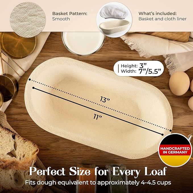 Wood Pulp Banneton Bread Proofing Basket – 13" Oval 2.2LB Brotform, Smooth Surface– Non-Stick Natural Wood Pulp Pressed for Durability– Made in Germany Proofing Baskets for Sourdough Bread Baking