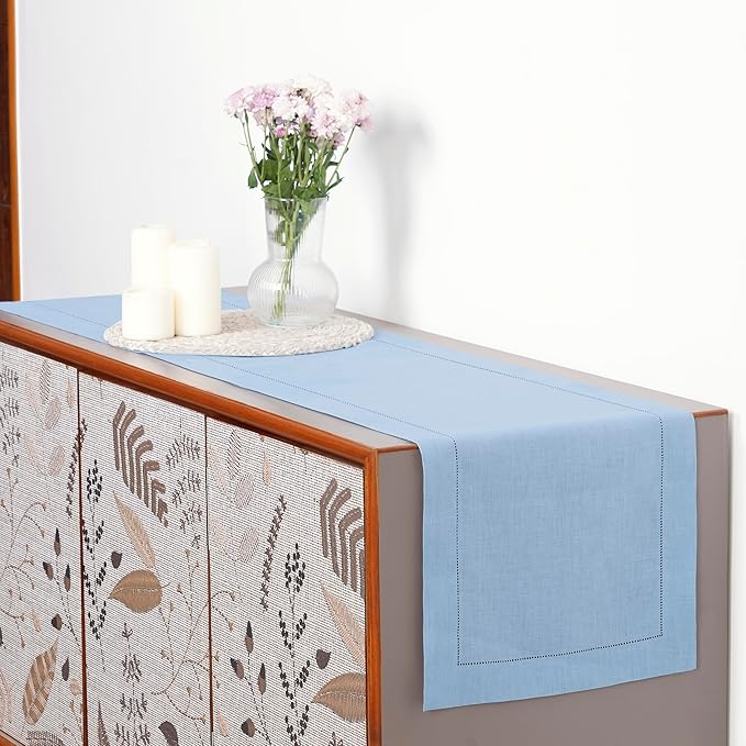 D'Moksha Homes Linen Powder Blue Table Runner 60 Inches - Classic Hemstitch, 100% Pure Linen Coffee Table Runner 14 x 60 Inch Ideal for Dresser Tables - Winter, Christmas, Holiday, New Year