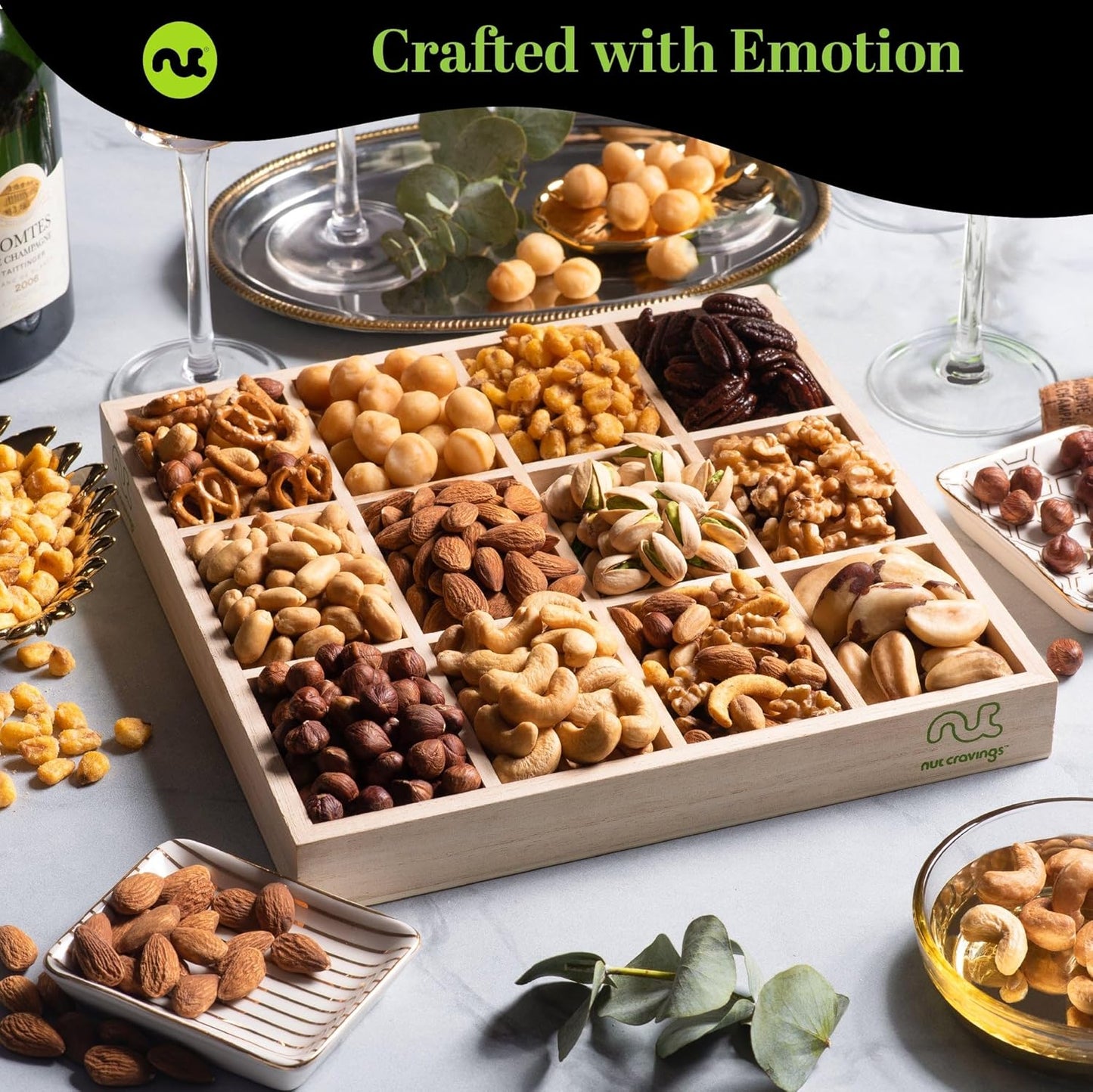NUT CRAVINGS Gourmet Collection - Christmas Treats Nuts Gift Basket with Happy Holiday Ribbon in Reusable Wooden Tray (12 Assortments) Food Arrangement, Healthy Snack Care Package, Food Assortments