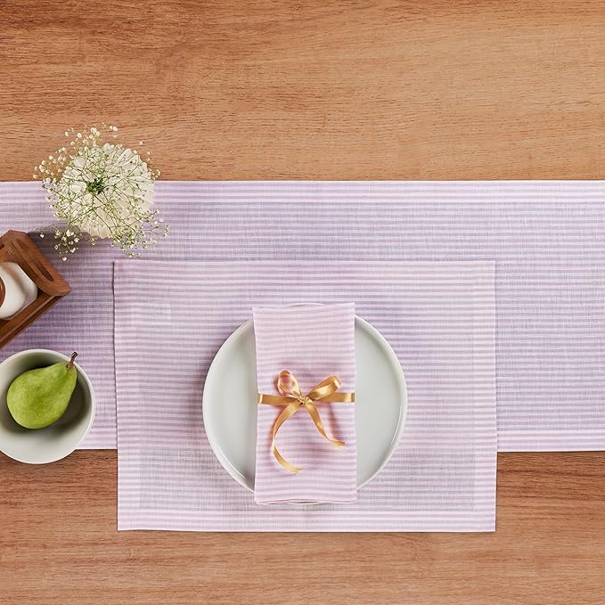 Solino Home Linen Table Runner 144 Inches Long - Narrow Stripe, 100% Pure Linen Pink and White Table Runner 14 x 144 Inch for Dining, Christmas