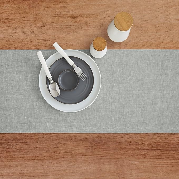 Solino Home Linen Table Runner 48 Inches - 100% Pure Linen Chambray Grey Table Runner 14 x 48 Inch Ideal for Dresser and Coffee Tables - Athena