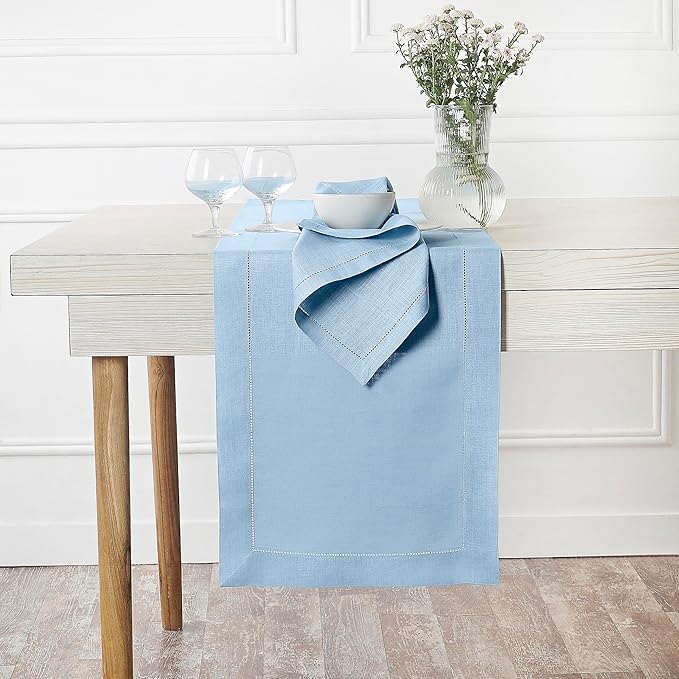 D'Moksha Homes Linen Powder Blue Table Runner 60 Inches - Classic Hemstitch, 100% Pure Linen Coffee Table Runner 14 x 60 Inch Ideal for Dresser Tables - Winter, Christmas, Holiday, New Year