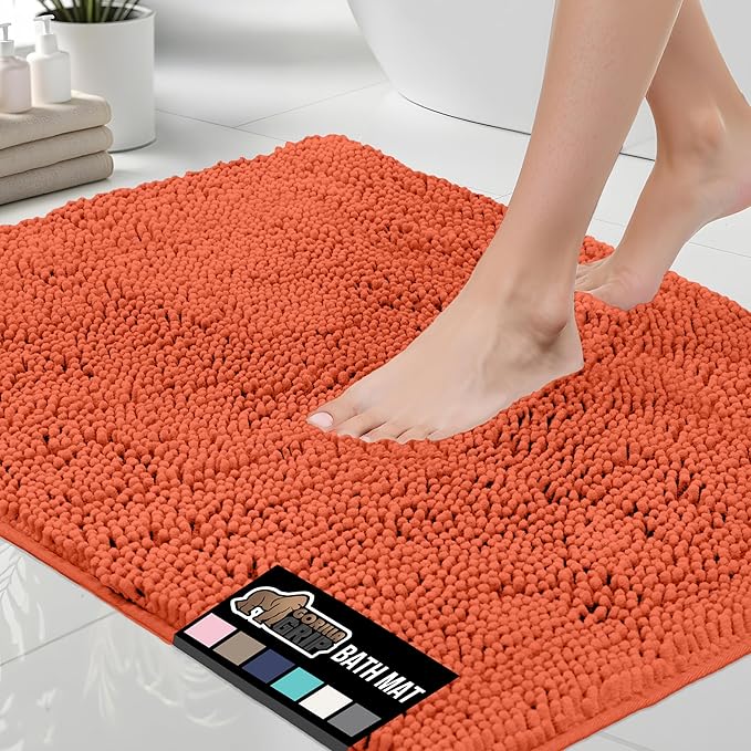 GORILLA GRIP Bath Rug Mat, Thick Soft Absorbent Chenille, Quick Dry Microfiber Mats, Rubber Backing Washable Shower Floor Rugs, US Designed Bathroom Bathmat Home Decor Accessories, 24x17, Coral