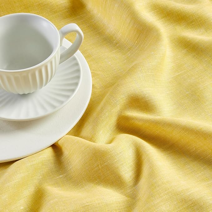 Solino Home Linen Table Runner 132 Inches Long - Athena, 100% Pure Linen Chambray Lemon Yellow Table Runner 14 x 132 Inch for Dining