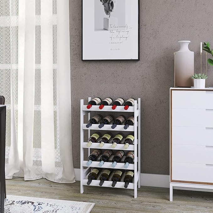 SMIBUY Bamboo Wine Rack, 20 Bottles Display Holder, 5-Tier Free Standing Storage Shelves for Kitchen, Pantry, Cellar, Bar (White)