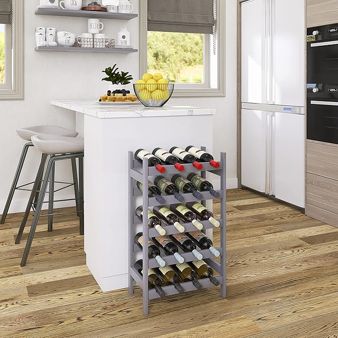 SMIBUY Bamboo Wine Rack, 20 Bottles Display Holder, 5-Tier Free Standing Storage Shelves for Kitchen, Pantry, Cellar, Bar (Gray)