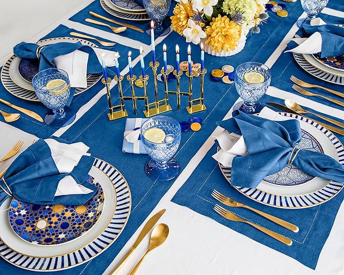Solino Home Linen Table Runner 108 Inches Long - 100% Pure Linen Indigo Blue Table Runner 14 x 108 Inch for Christmas, Winter, New Year - Classic Hemstitch