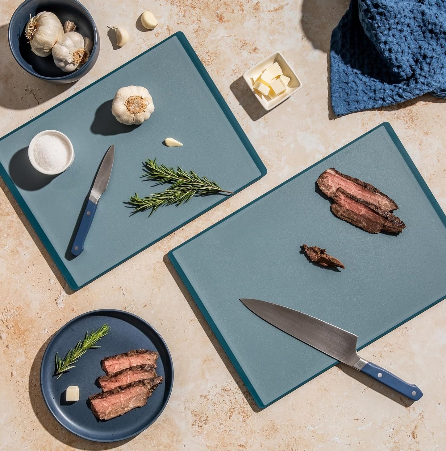 SMIRLY Plastic Cutting Board Set with Holder 3 Pieces, Non-Slip Dishwasher Safe Chopping Boards for Kitchen, Blue