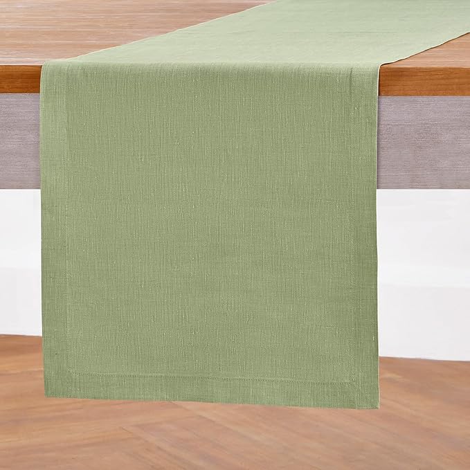 Solino Home Linen Table Runner 72 Inches Long - Athena, 100% Pure Linen Chambray Olive Table Runner 14 x 72 Inch for Dining, Christmas, New Year