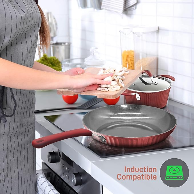 NutriChef 11-Piece Nonstick Kitchen Cookware Set - PTFE/PFOA/PFOS-Free Heat Resistant Ceramic Kitchen Ware Pots Pan Set w/Lines Pattern - Saucepot, Pans, Cooking Pot Oven Pot, Lid, Utensil