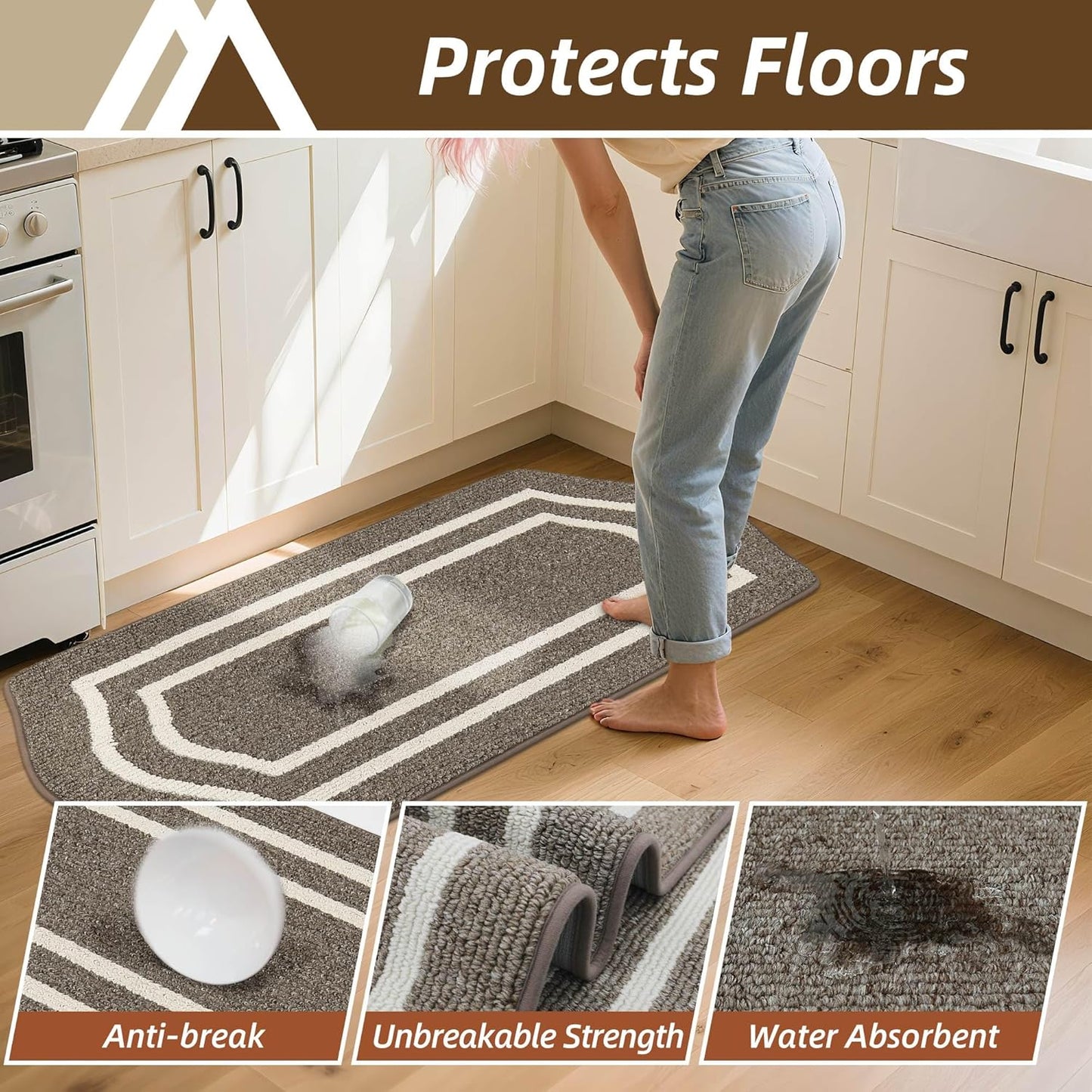 COSY HOMEER Long Kitchen Floor Mats for in Front of Sink Super Absorbent Kitchen Rugs and Mats 24"x48"+24"x59"Non-Skid Kitchen Mat Standing Mat Washable,Polypropylene,Brown,Frame