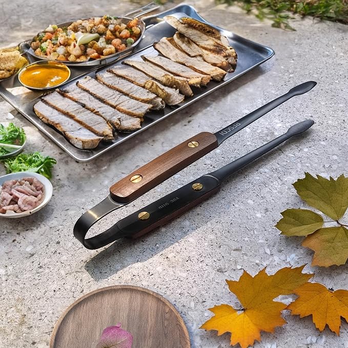 Exquisite Lightweight Cooking Tongs - 304 Stainless Steel & Walnut Wood, Comfortable Grip, Non-Slip Design, High Heat Resistant - Ideal for Light and small food, Kitchen Plating, Korean BBQ, 9-Inch