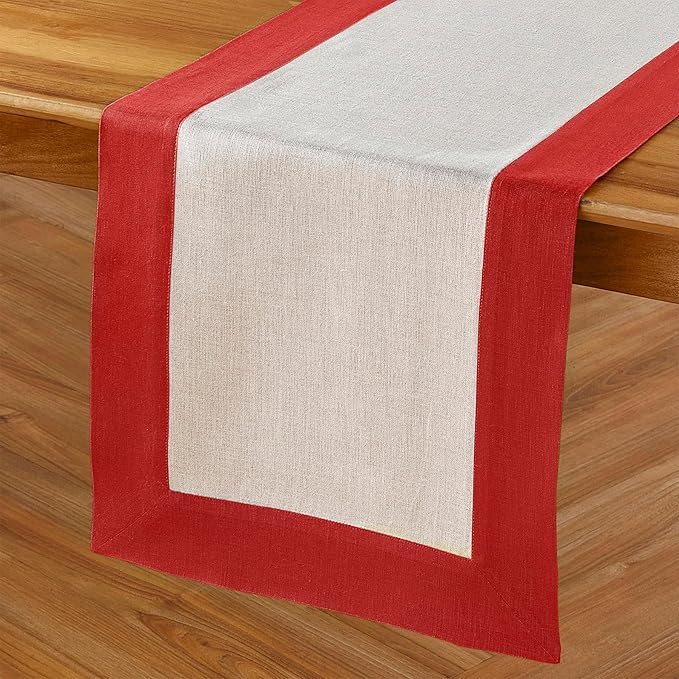 Solino Home Linen Table Runner 72 Inches Long - Red and Natural 100% Pure Linen 14 x 72 Inch Table Runner for Dining, Christmas, Holiday, Winter, New Year - Contempo