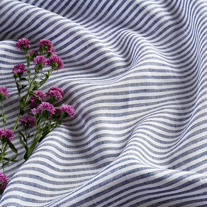 Solino Home Linen Striped Table Runner 60 Inches - Narrow Stripe, 100% Pure Linen Navy and White Small Table Runner 14 x 60 Inch Ideal for Dresser and Coffee Tables - Christmas, New Year