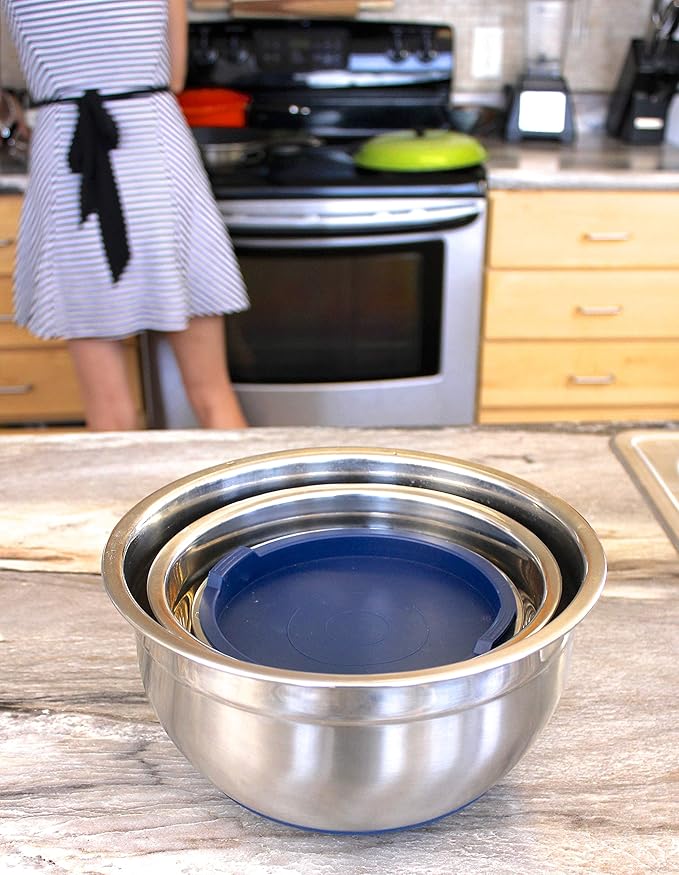 Stainless Steel Mixing Bowls with Lids and Non Slip Bases (Set of 3, Blue)
