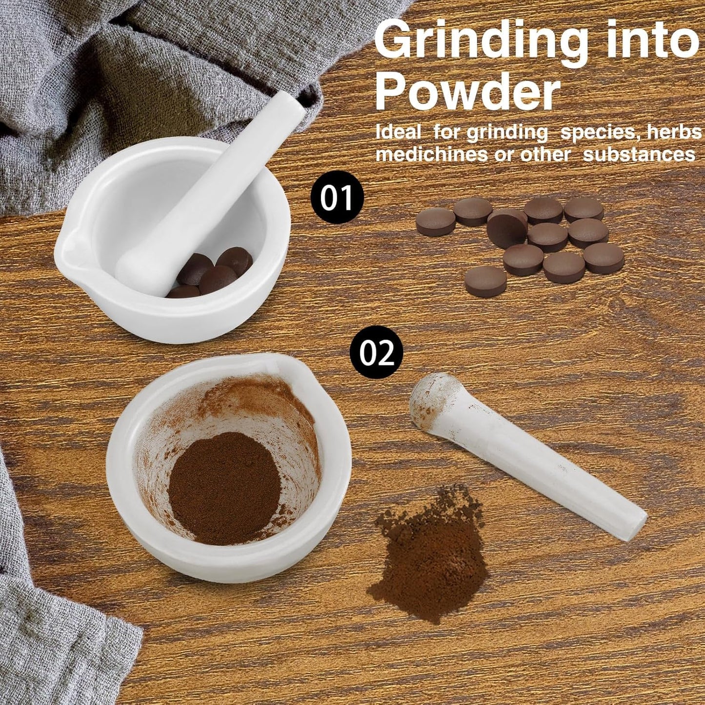 2 Sets Mini Porcelain Mortar and Pestle Set Porcelain Herb Grinder Crusher Grinding Bowl Kitchen Mixing Grinding Bowl with 2 Pieces Brushes for Seasonings, Sesame, Herbs, Medicine(60 mm)