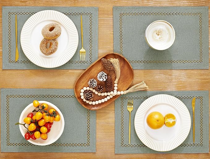 Burlap Placemats Set of 4, 12 x 18 Inch Rustic Geometric Hollow Place Mats, Heat Resistant Placemats for Farmhouse Kitchen Table Decor, Grey 4PCS
