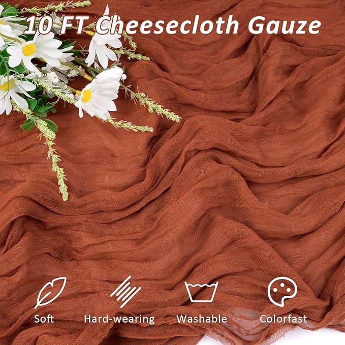 Terracotta Fall Thanksgiving Cheesecloth Table Runner, 10 FT Boho Rustic Cheese Cloth Gauze, 35x120 Inches Burnt Orange Centerpieces for Wedding Thanksgiving Friendsgiving Party Decor, 1 Pack