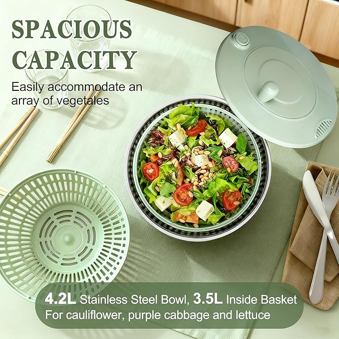 Unokit Stainless Steel Salad Spinner - Large Salad Spinner with Non-Slip Base and 5 Blade Slicers, Dishwasher Safe Lettuce Spinner for Efficient Salad Preparation and Food Washing in Kitchen